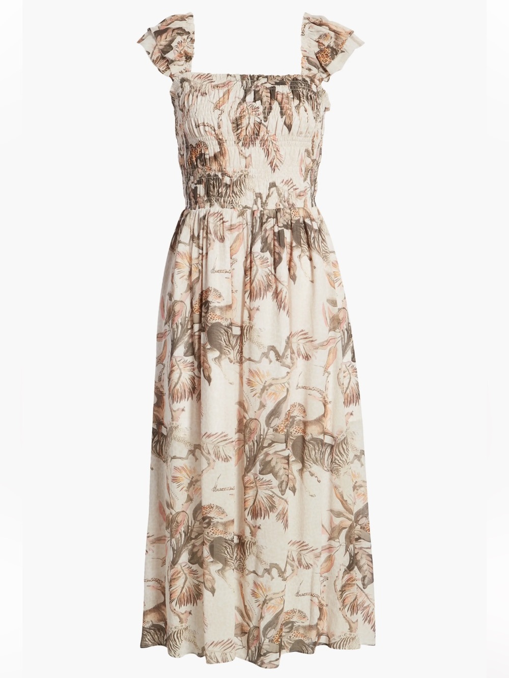 All Saints Botanical Safari Animals Print Midi Dress in Cream and Brown
